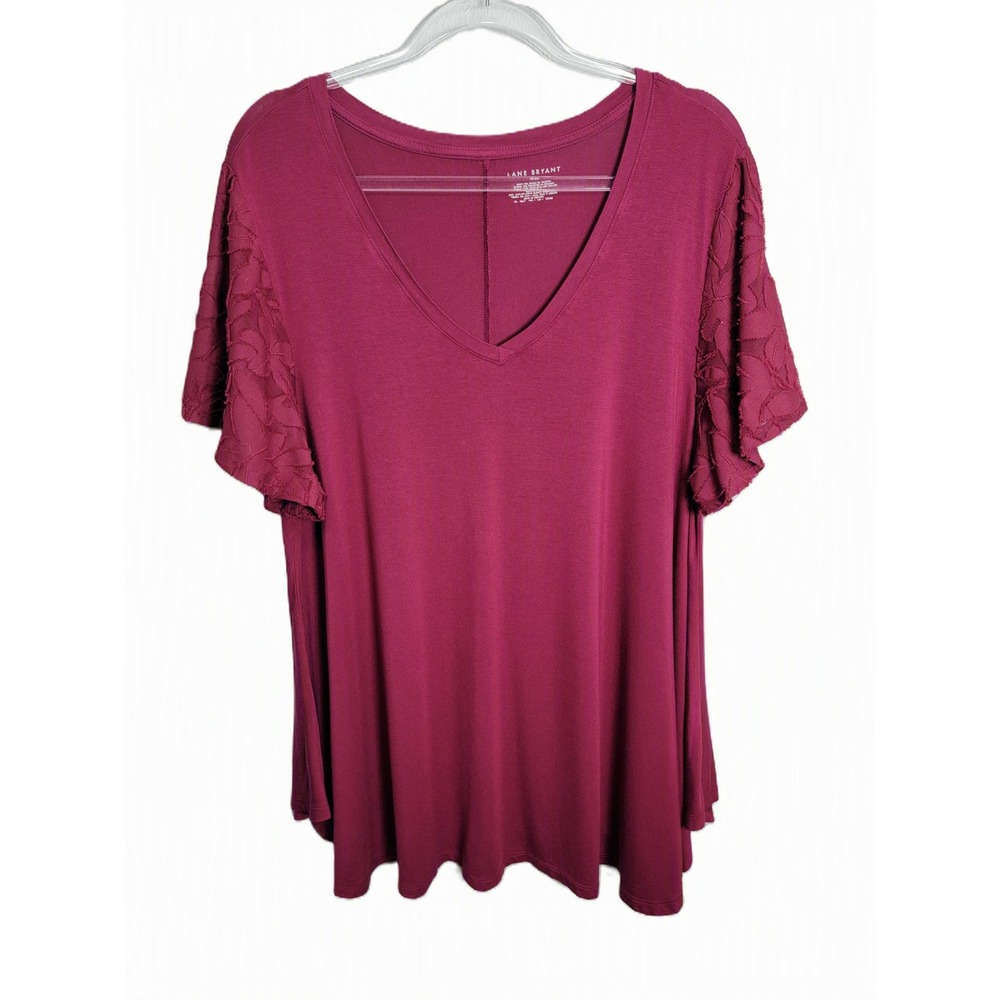 Lane Bryant Women 18/20 Tunic Burgundy V-Neck Leaf Textured Flutter Sleeve Top